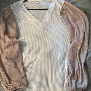 BiBi V-Neck Blouse with Beige Sleeves